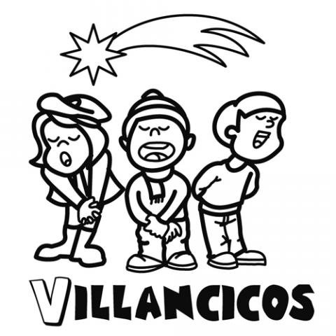 Coro de villancicos. Dibujo para que los niños pinten en Navidad