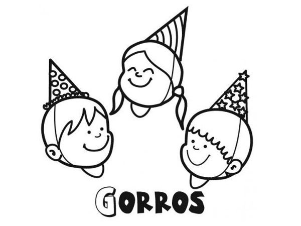 Dibujo de niños con gorros de Carnaval para imprimir y colorear