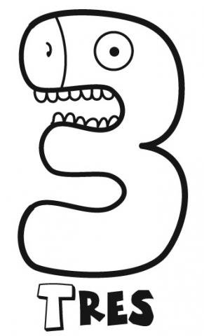 Dibujo del número 3 con cara de cocodrilo para colorear