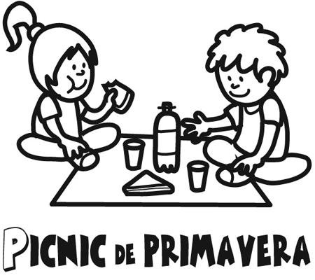 Dibujo gratis para colorear de niños de picnic en primavera