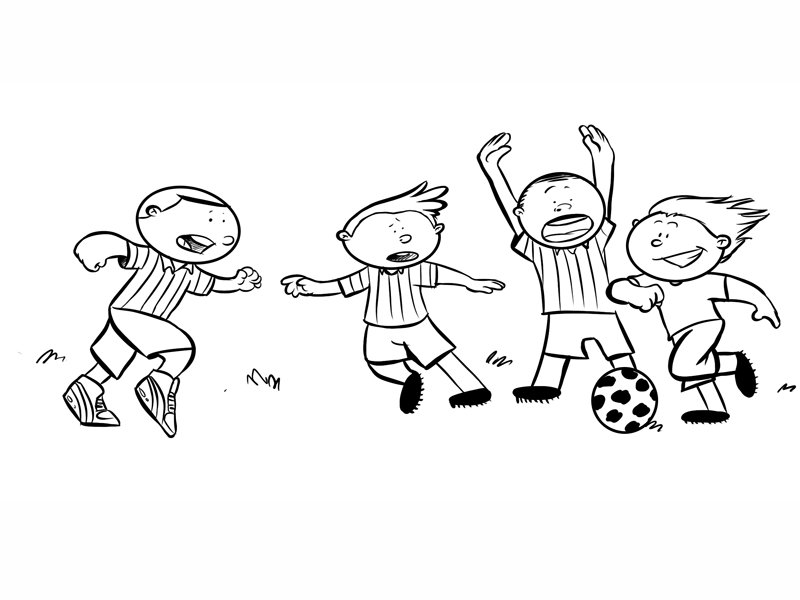 Niños jugando al fútbol. Dibujo de deportes para pintar