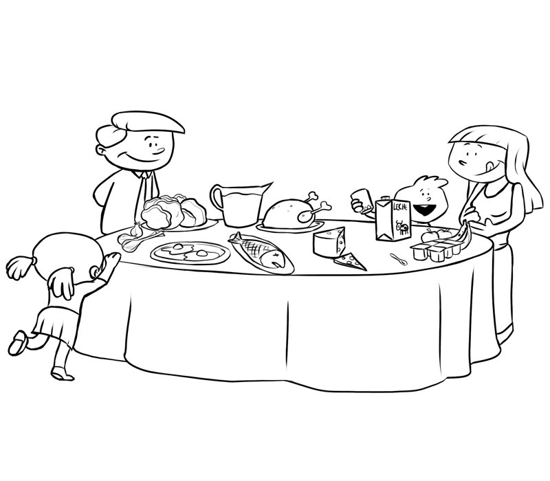 Dibujos de una cena en familia para colorear con los niños