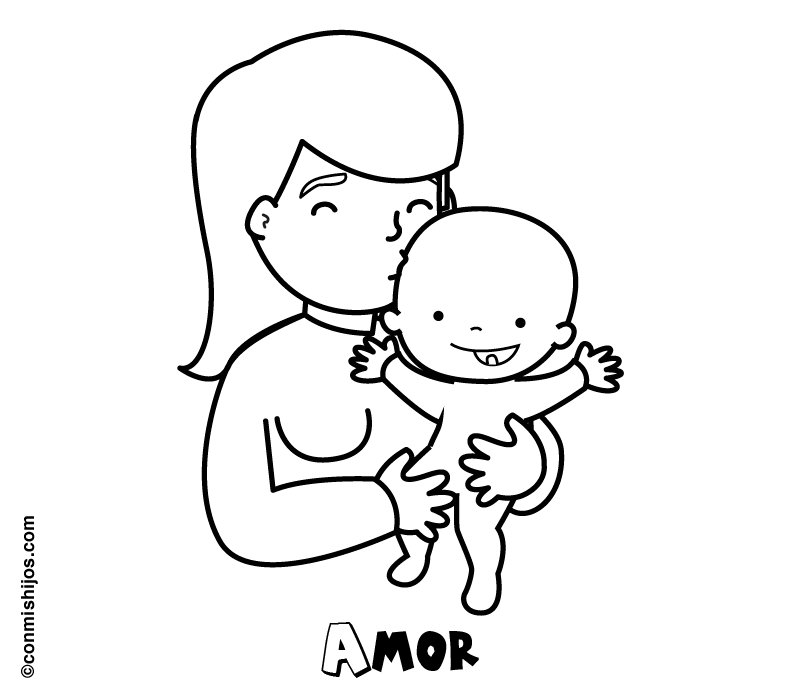 Mamá con su bebé. Dibujo para pintar con los niños