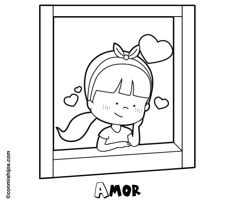 Dibujo de una niña enamorada mirando por la ventana para colorear