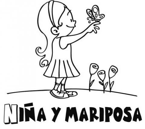 Dibujos para colorear con niños de niña y mariposa