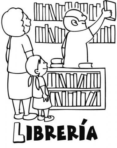 Dibujos para colorear de niños en una librería. Dibujos de tiendas