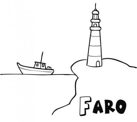 Dibujo de faro y barco para imprimir y pintar. Dibujos del mar para niños