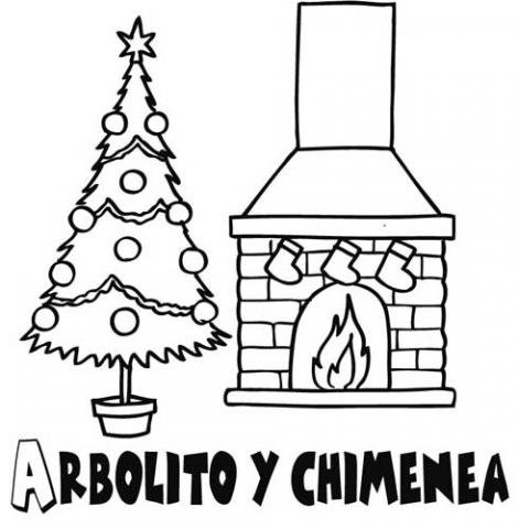 Árbol de Navidad y chimenea. Dibujos para colorear con los niños