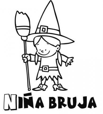 Dibujo infantil de niña bruja para colorear