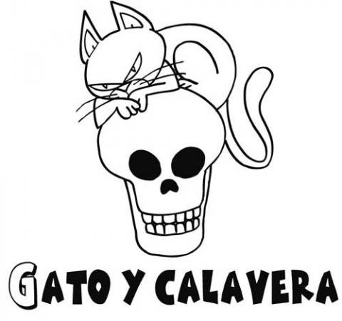 Dibujo infantil de gato y calavera para pintar