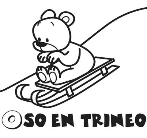 Oso en trineo en Navidad. Dibujo para colorear