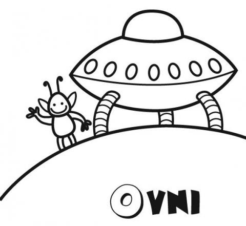 Dibujo para imprimir y colorear de un ovni y marciano