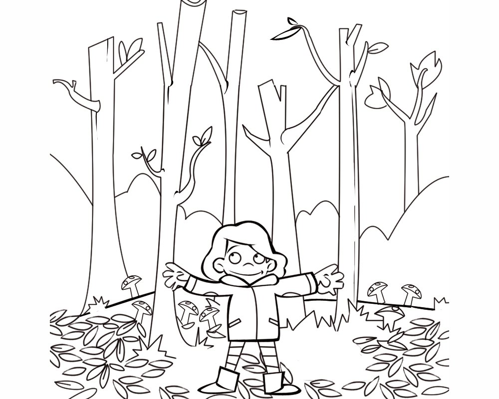 Dibujo Para Colorear Con Los Niños De Una Niña En El Bosque En Otoño