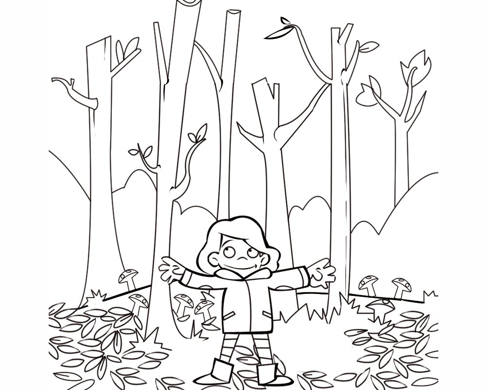 Dibujo para colorear con los niños de una niña en el bosque en otoño