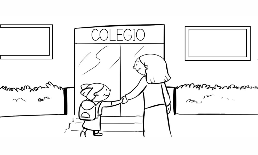 Dibujo para colorear de una niña entrando al colegio con su madre