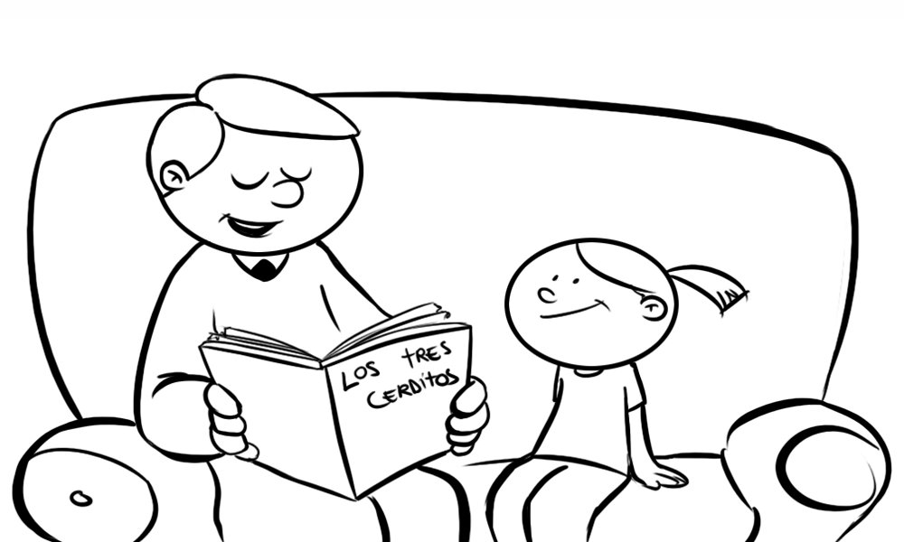 Dibujo para colorear de un papá leyendo un cuento a una niña