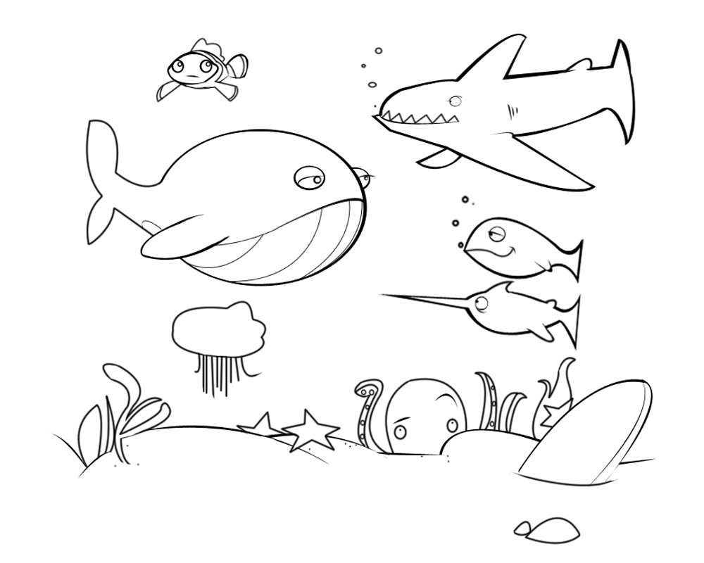 Dibujos de animales marinos para colorear. Fondo marino para pintar