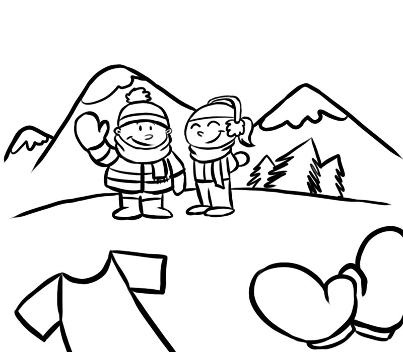  Niños en la montaña para colorear. Dibujos de invierno