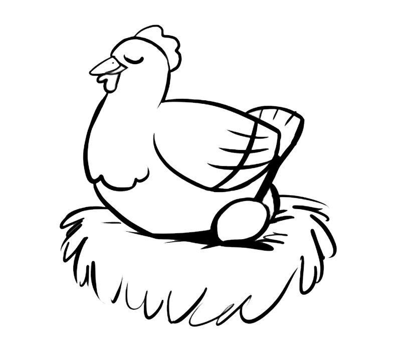 Dibujo para colorear de gallina empollando un huevo