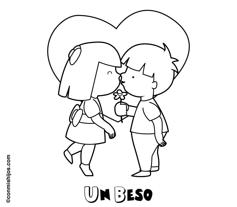 Beso entre niños. Dibujos infantiles para colorear