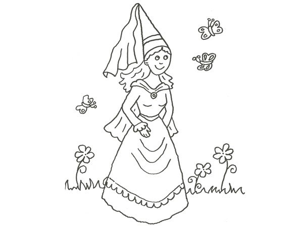 Dibujo de princesa y mariposas para pintar con los niños