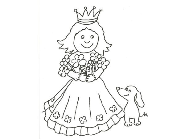 Dibujo de una princesa y su mascota para pintar con niños