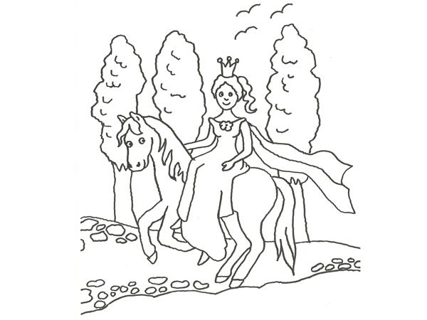 Dibujo de una princesa y su pony para colorear con niños