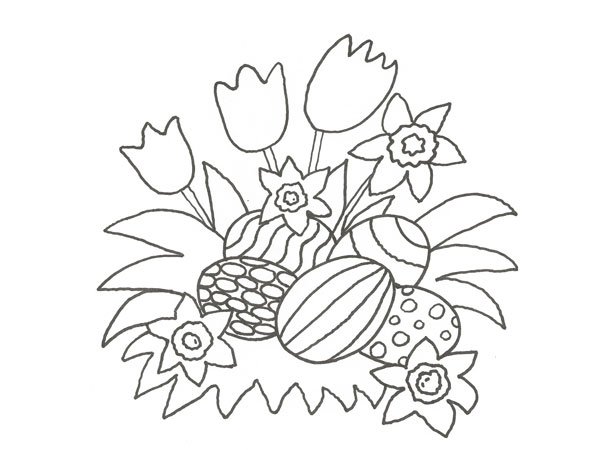 Dibujo de flores y huevos de Pascua para colorear con niños