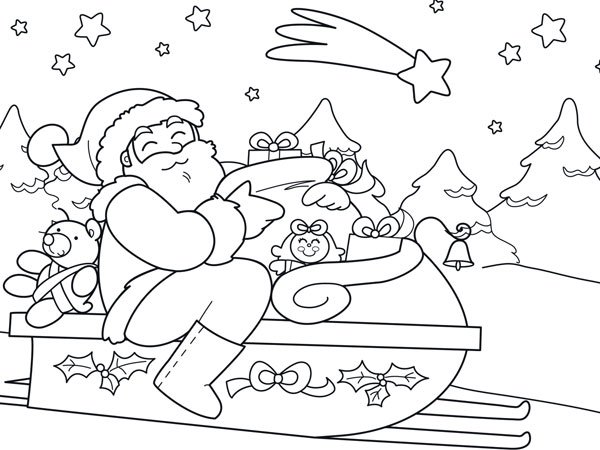 Dibujo navideño de Papá Noel en su trineo para imprimir