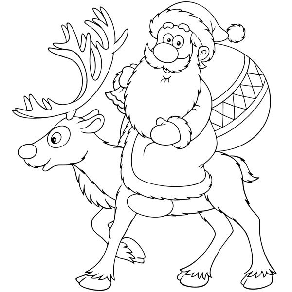 Dibujo de Papá Noel en su reno para colorear