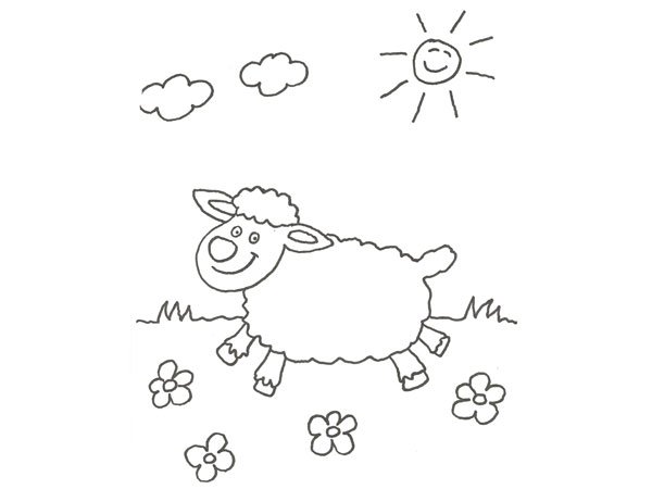 Dibujo para pintar con niños de una oveja en el campo