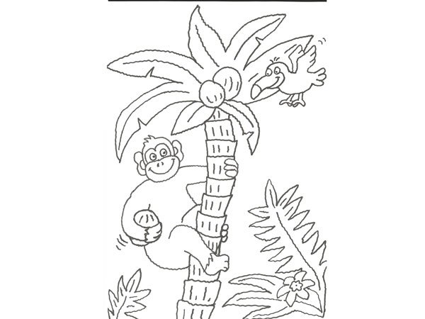 Dibujo para pintar con niños de un gorila y un pájaro