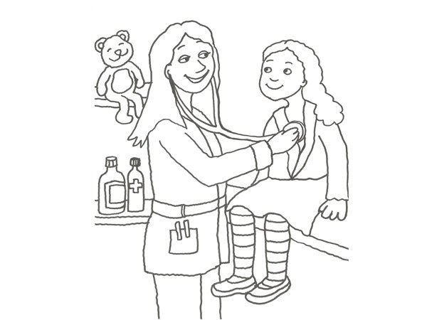 Dibujo para colorear de una doctora curando a una niña