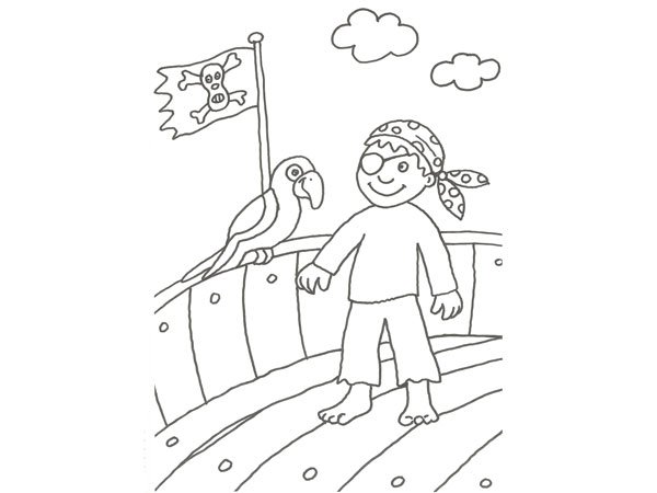 Dibujo para colorear con niños de un pirata y su loro