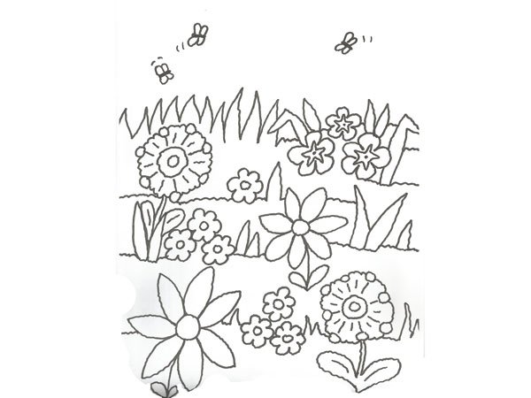 Dibujo de flores y abejas para colorear con niños