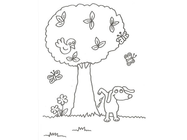 Dibujo para niños de un perro con árboles y mariposas para pintar
