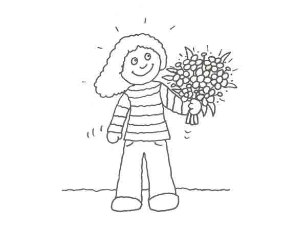 Dibujo de un niño con un ramo de flores para pintar