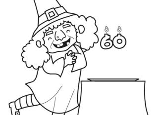 Bruja en su fiesta de cumpleñas: dibujo para colorear e imprimir