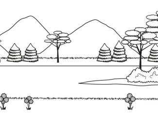 Paisaje de montaña en verano: dibujo para colorear e imprimir