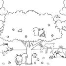 Paisaje de otoño con animalitos: dibujo para colorear e imprimir