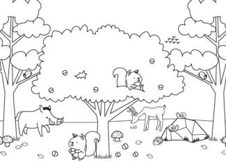 Paisaje de otoño con animalitos: dibujo para colorear e imprimir
