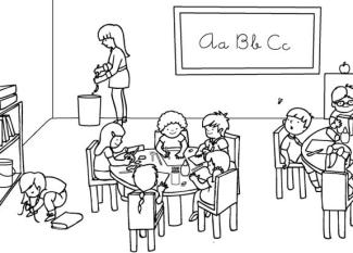 Niños en clase: dibujo para colorear e imprimir