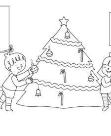 Niños y árbol de Navidad: dibujo para colorear e imprimir