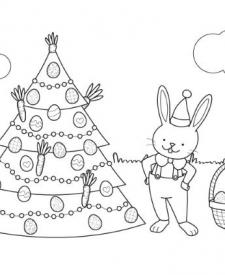 Árbol de Navidad y conejo de Pascua: dibujo para colorear e imprimir