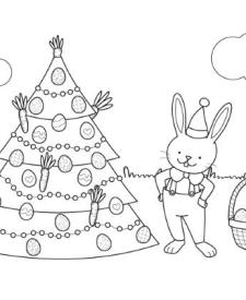 Árbol de Navidad y conejo de Pascua: dibujo para colorear e imprimir