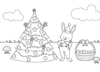 Árbol de Navidad y conejo de Pascua: dibujo para colorear e imprimir