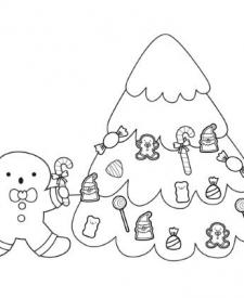 Hombre de jengibre y árbol de Navidad: dibujo para colorear e imprimir