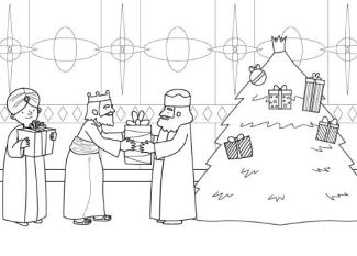 Árbol de Navidad y Reyes Magos: dibujo para colorear e imprimir