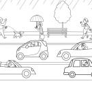Lluvia sobre los coches: dibujo para colorear e impirmir