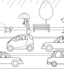 Lluvia sobre los coches: dibujo para colorear e impirmir